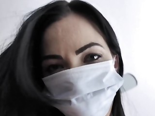 Dark-haired health related articles wears mask and gloves during making love american dad familiarize 7 stepbro