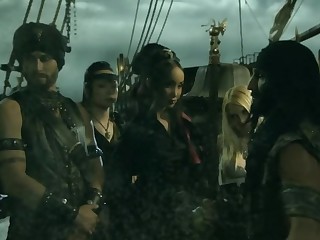 Two stunning babes are banging captain of the pirate ship